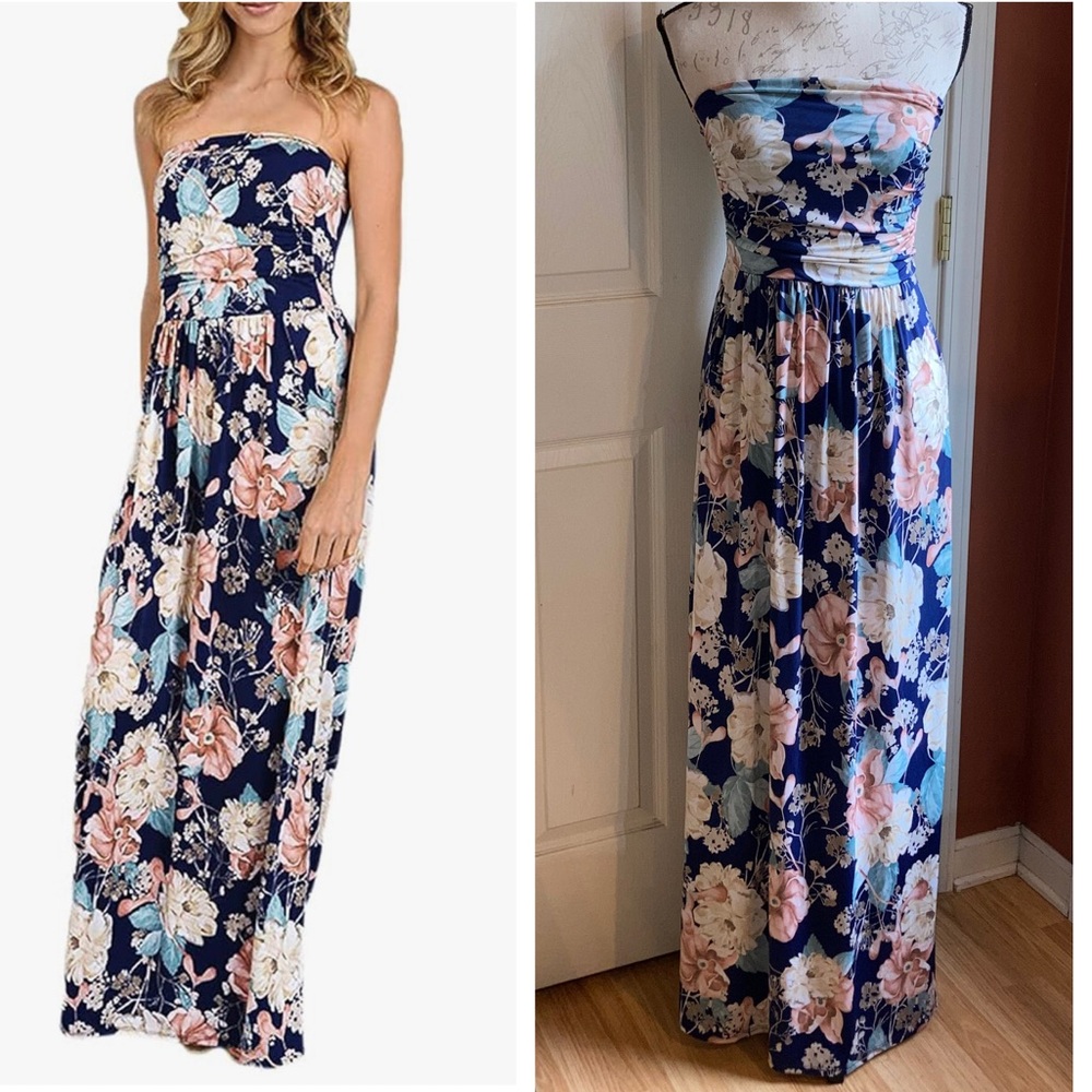 Floral Strapless Maxi Dress W Pockets Navy Multicolor Small Saved by the Dress